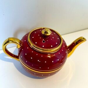 Vintage Maroon Sadlow’s Burslem Teapot. Gold Polka Dot